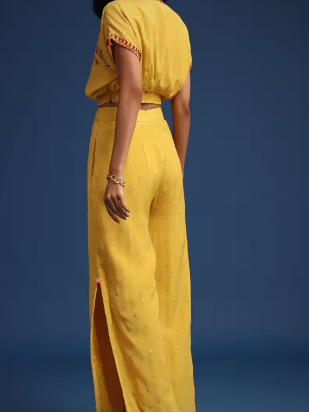 KALKI Yellow Embroidered Crop Top Palazzo Dupatta Set - Picture 2 of 2